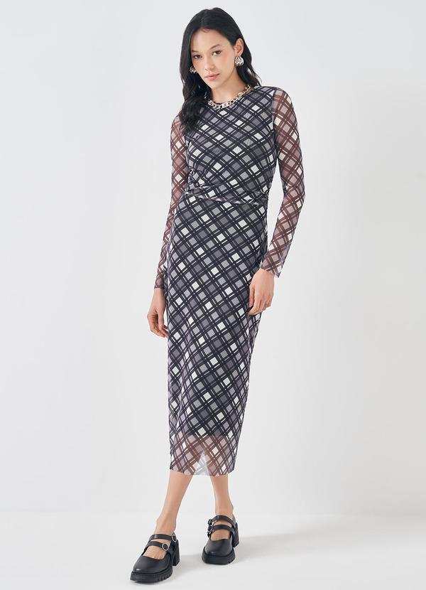 Sofie - Vestido Midi em Tule Estampado Preto