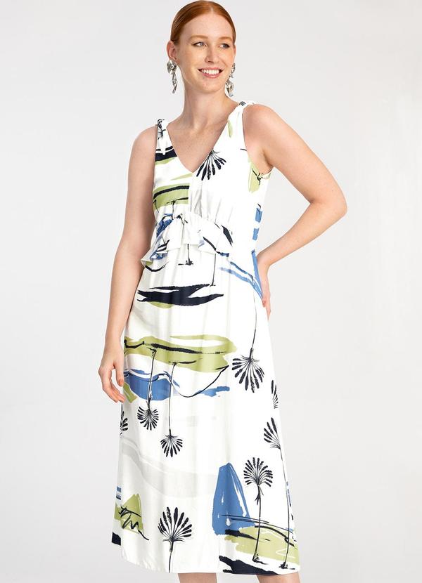 Lunender - Vestido Midi em Viscose Babado Off White