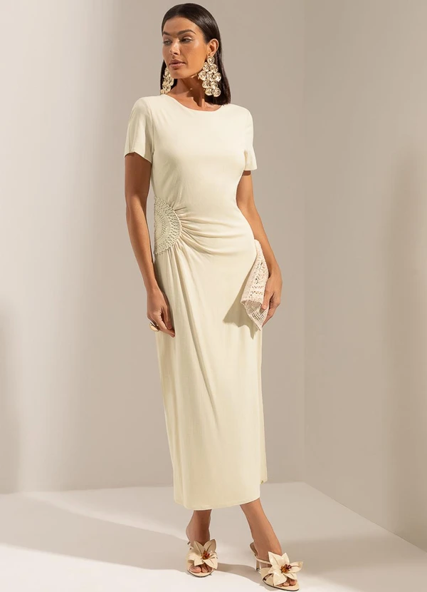 Gris - Vestido Midi em Viscose com Bordado em Cordel Beg