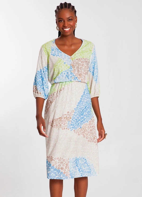 Lunender - Vestido Midi em Viscose com Botões Azul