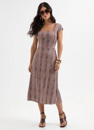 Cativa - Vestido Midi em Viscose com Decote Quadrado Marro - CATIVA