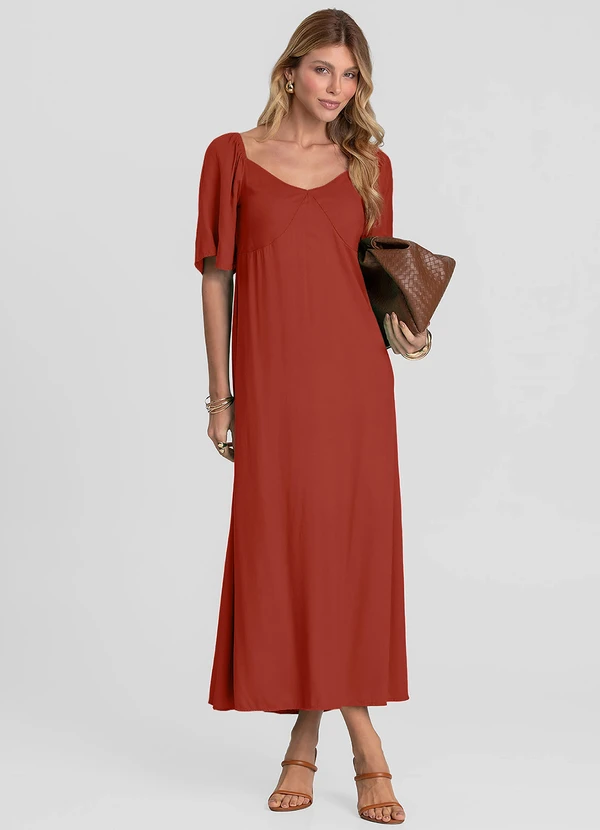 Dianna - Vestido Midi em Viscose com Manga Curta Laranja