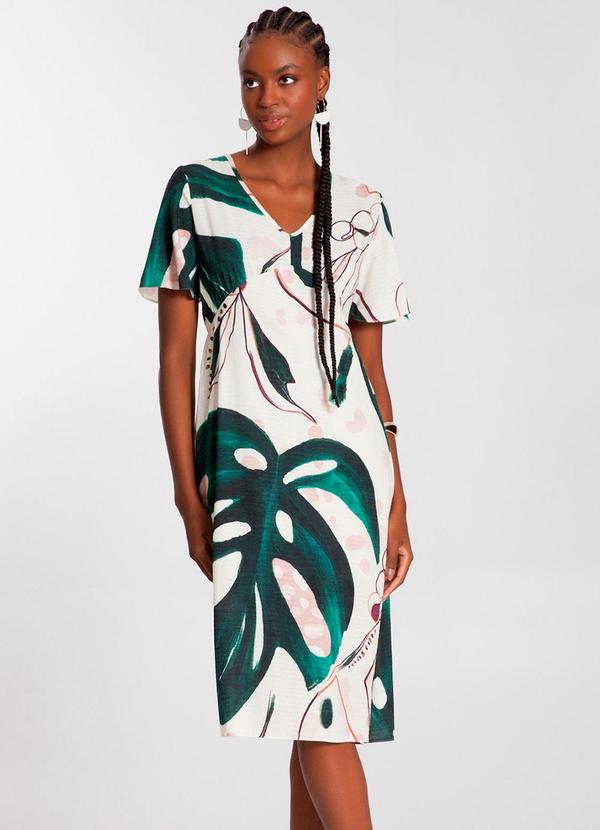Lunender - Vestido Midi em Viscose com Manga Flare Off White