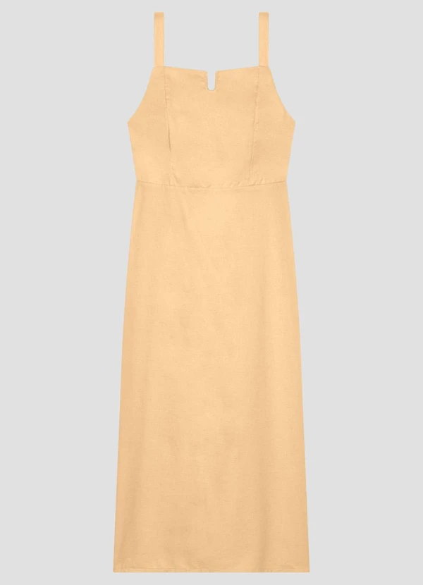 Cereja Rosa - Vestido Midi em Viscose Linho com Alças Bege