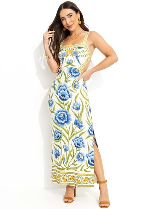 Farm Vestido Midi em Viscose Off White