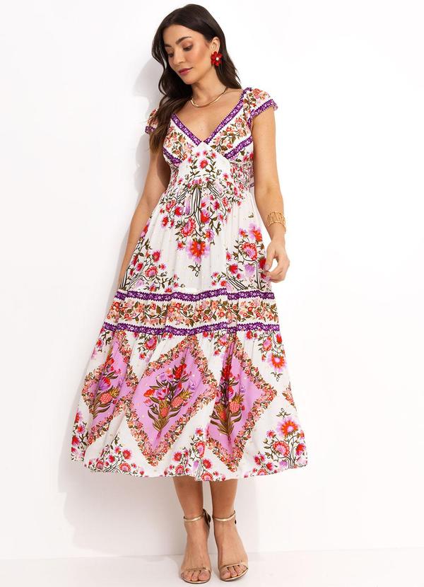 Farm - Vestido Midi em Viscose Off White