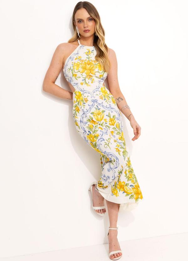 Farm - Vestido Midi em Viscose Off White