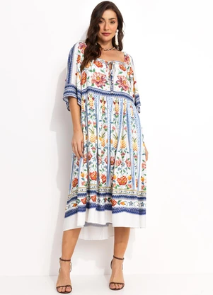 Farm - Vestido Midi em Viscose Off White - FARM