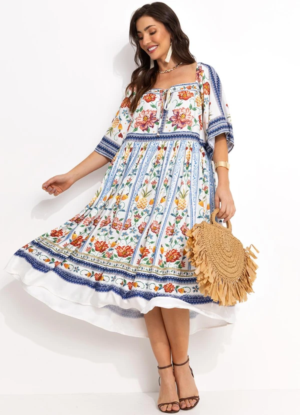 Farm - Vestido Midi em Viscose Off White 3