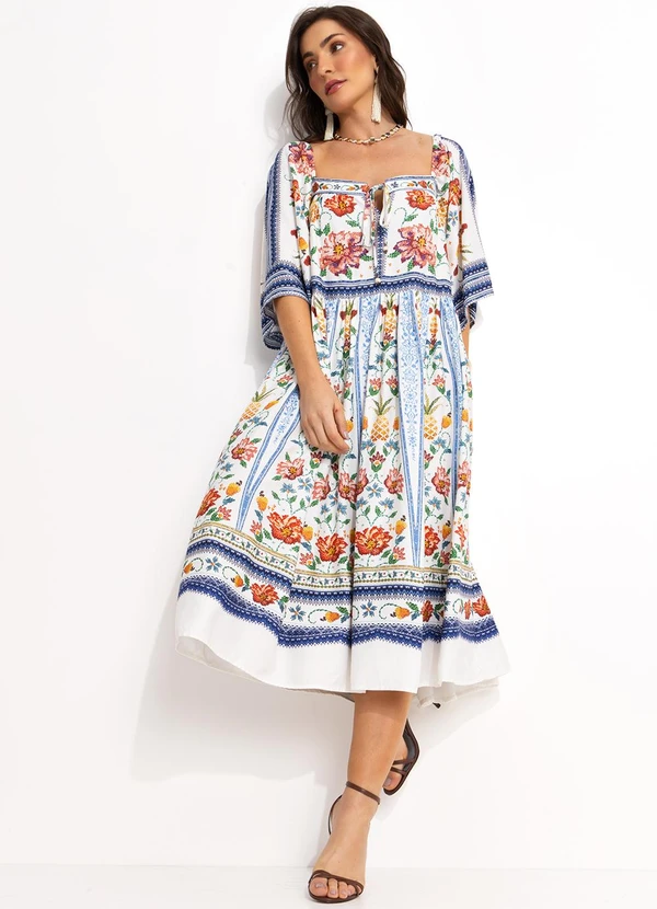 Farm - Vestido Midi em Viscose Off White 4