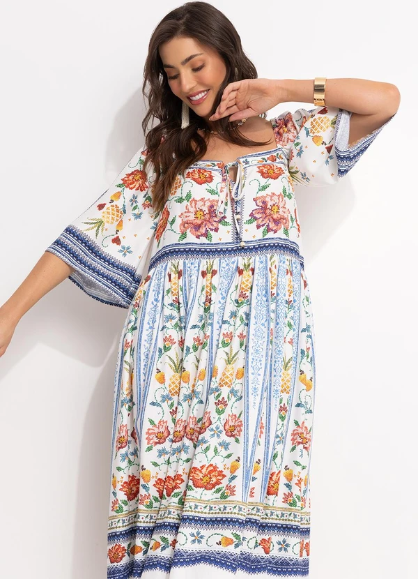 Farm - Vestido Midi em Viscose Off White 5