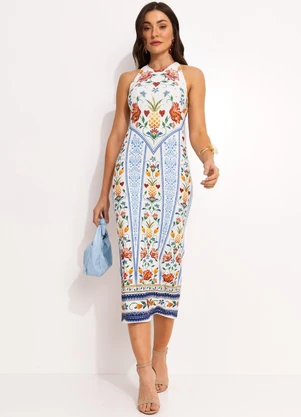 Farm - Vestido Midi em Viscose Off White - FARM