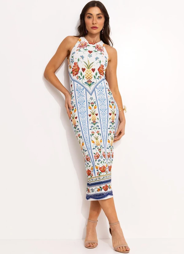 Farm - Vestido Midi em Viscose Off White 10