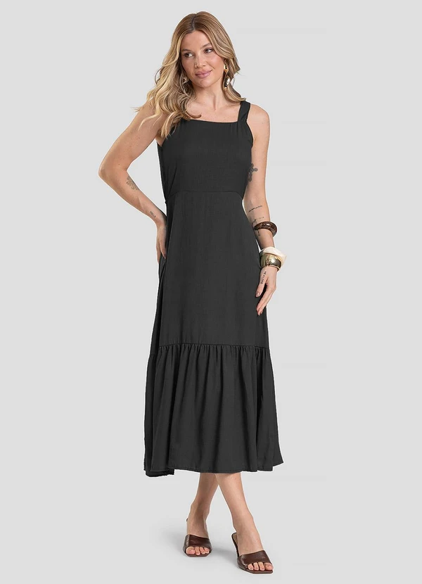 Dianna - Vestido Midi em Viscose Rajada Preto