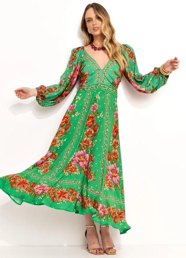 Farm - Vestido Midi  em Viscose Verde 7