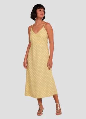 Cereja Rosa - Vestido Midi Estampado com Alça Fina Amarelo - CEREJA ROSA