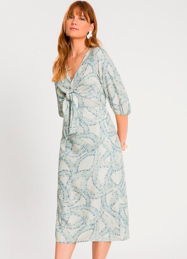 Lunender - Vestido Midi Estampado com Amarração Decote Azul