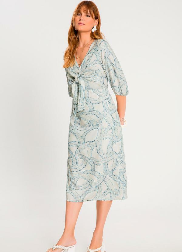 Lunender - Vestido Midi Estampado com Amarração Decote Azul 3