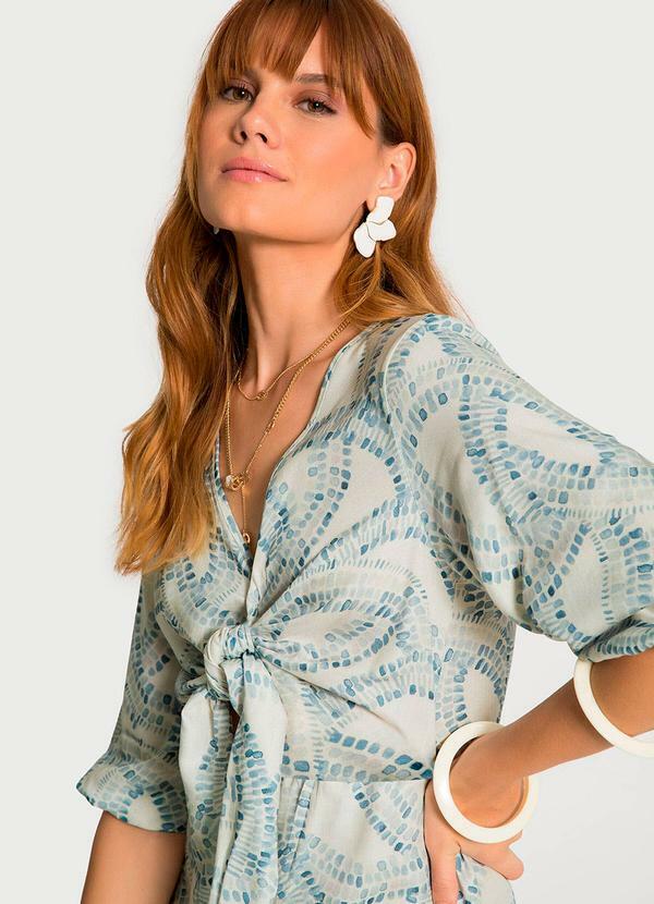 Lunender - Vestido Midi Estampado com Amarração Decote Azul 5