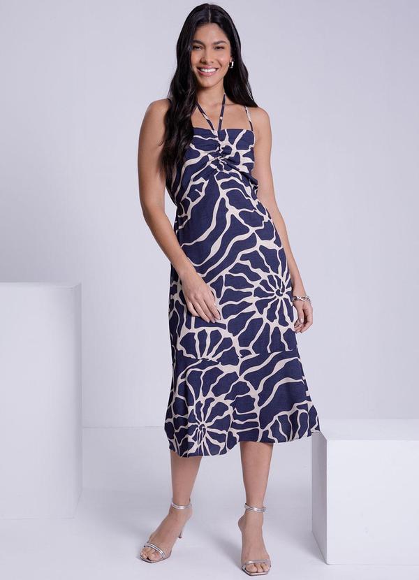 Lunender - Vestido Midi Estampado com Amarração Decote Azul