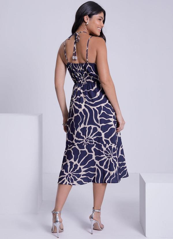 Lunender - Vestido Midi Estampado com Amarração Decote Azul 2