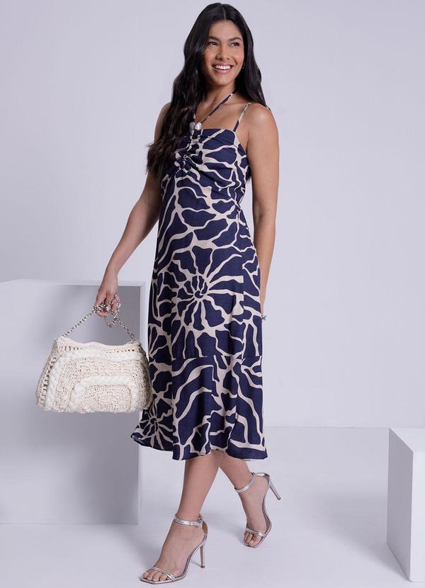 Lunender - Vestido Midi Estampado com Amarração Decote Azul 3