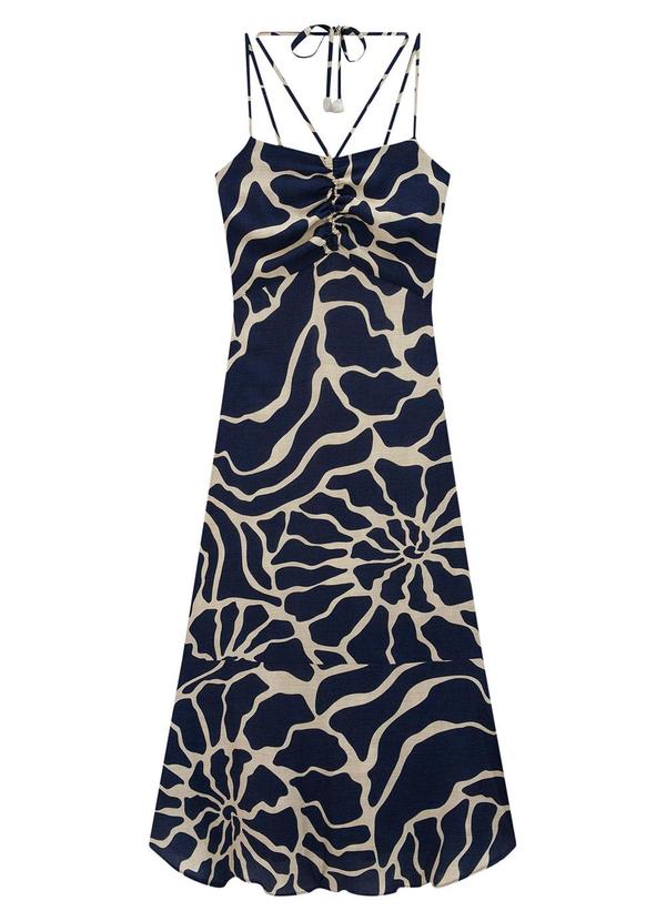 Lunender - Vestido Midi Estampado com Amarração Decote Azul 4