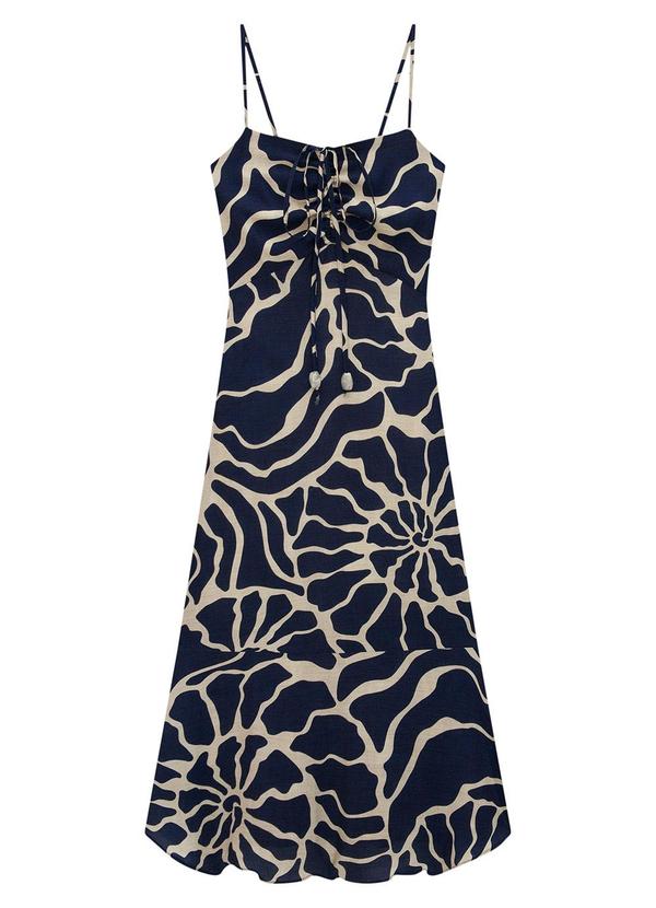 Lunender - Vestido Midi Estampado com Amarração Decote Azul 5