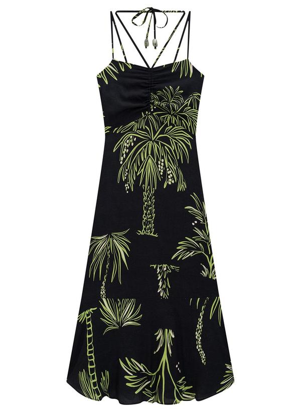 Lunender - Vestido Midi Estampado com Amarração Preto