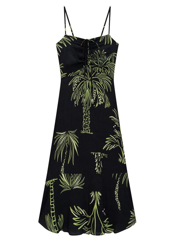 Lunender - Vestido Midi Estampado com Amarração Preto 2