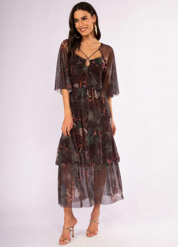 Doce Trama - Vestido Midi Estampado de Tule Preto