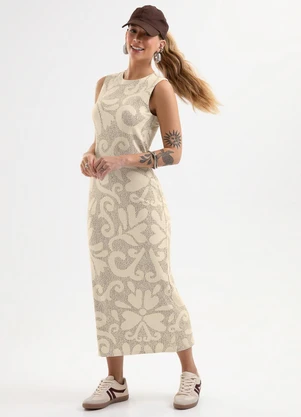 Cativa - Vestido Midi Estampado em Canelado Bege - CATIVA