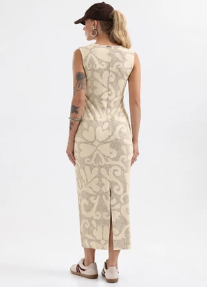 Cativa - Vestido Midi Estampado em Canelado Bege - CATIVA