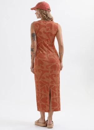Cativa - Vestido Midi Estampado em Canelado Laranja - CATIVA