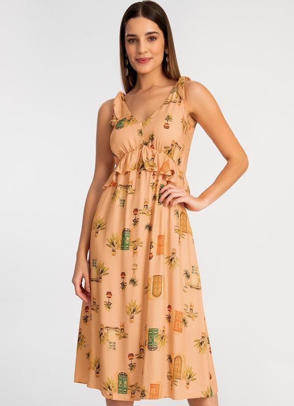 Lunender - Vestido Midi Estampado em Viscose Babado Laranja