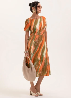 Cativa - Vestido Midi Estampado em Viscose Laranja - CATIVA