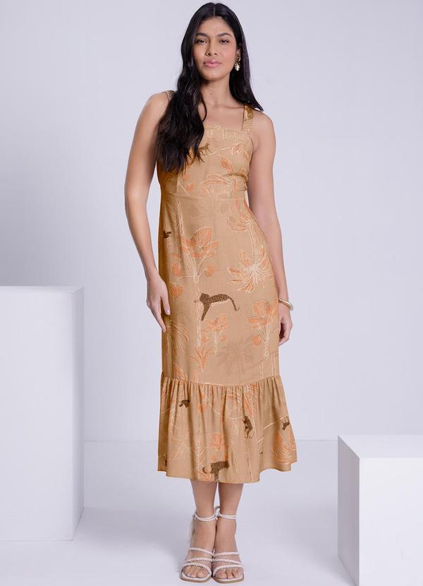 Lunender - Vestido Midi Estampado em Viscose Marrom