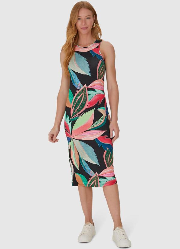 Malwee - Vestido Midi Estampado em Viscose Stretch Preto