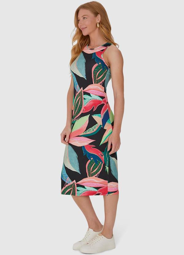 Malwee - Vestido Midi Estampado em Viscose Stretch Preto 3