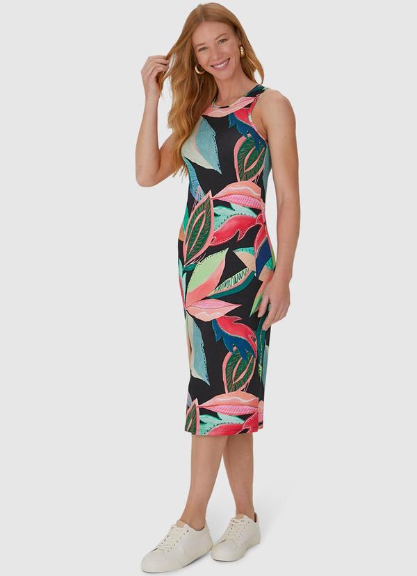 Malwee - Vestido Midi Estampado em Viscose Stretch Preto 4