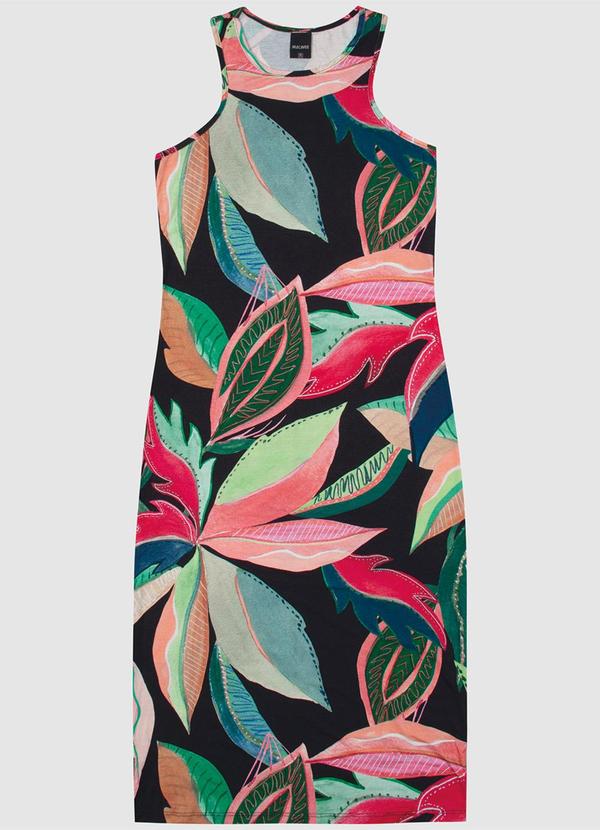 Malwee - Vestido Midi Estampado em Viscose Stretch Preto 6