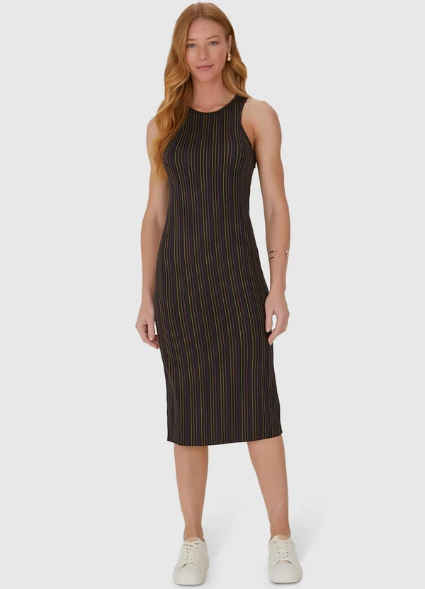 Malwee - Vestido Midi Estampado em Viscose Stretch Preto