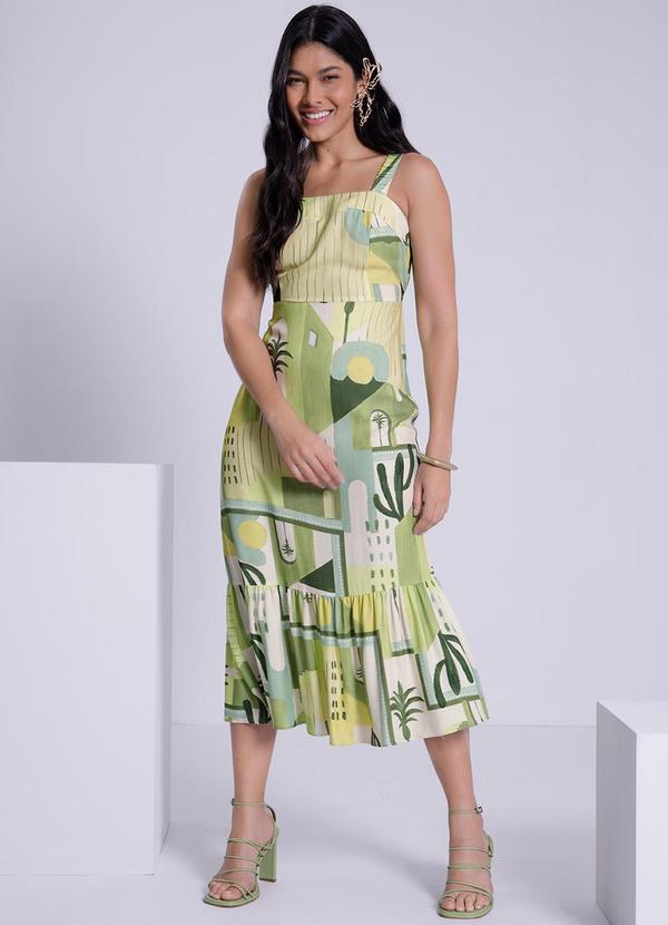 Lunender - Vestido Midi Estampado em Viscose Verde
