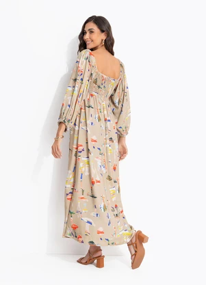 Cantão - Vestido Midi Estampado Maitake Bege - CANTÃO