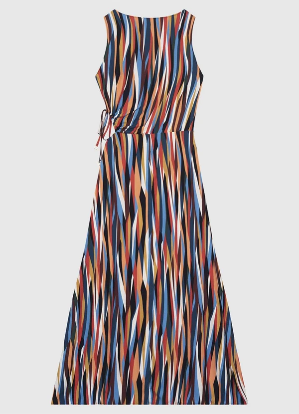 Enfim - Vestido Mídi Evasê Abstrato com Amarração Azul 2