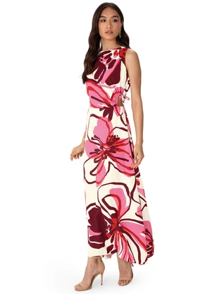 Enfim - Vestido Mídi Evasê Abstrato com Amarração Rosa - ENFIM
