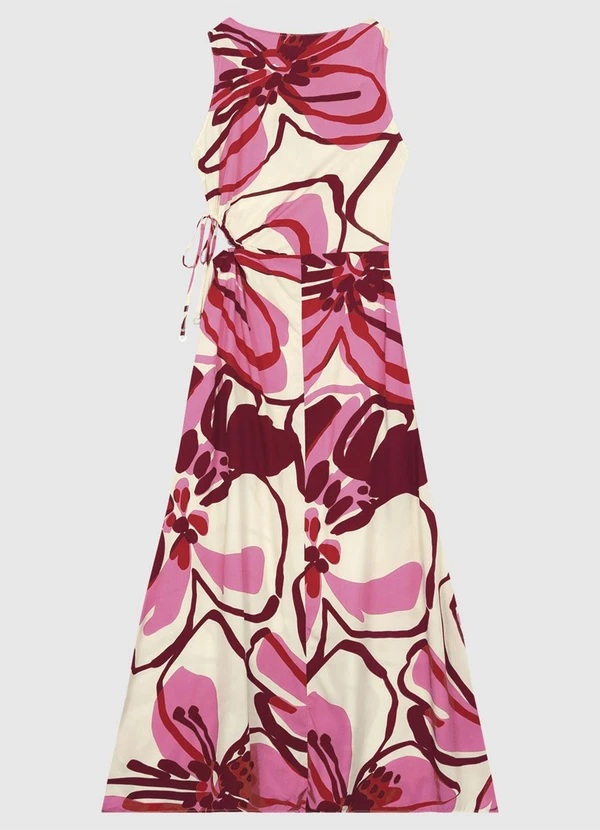 Enfim - Vestido Mídi Evasê Abstrato com Amarração Rosa 4