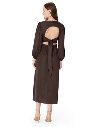 Enfim - Vestido Midi Evasê Acetinado Marrom Escuro - ENFIM
