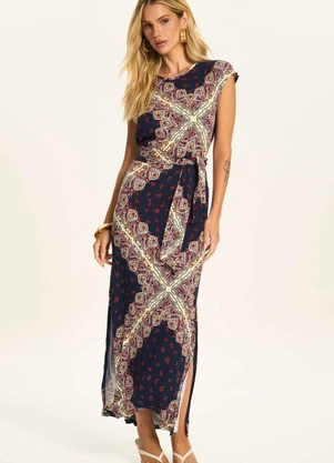 Doce Trama - Vestido Midi Evasê com Cinto Embutido Azul - DOCE TRAMA