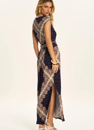 Doce Trama - Vestido Midi Evasê com Cinto Embutido Azul - DOCE TRAMA